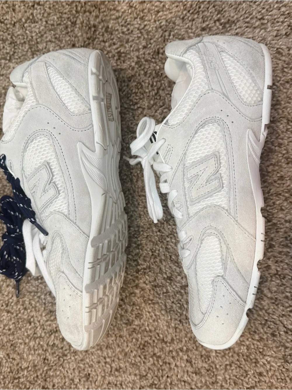 Authentic Miu Miu x new balance White Mesh and Suede Sneakers with Navy laces